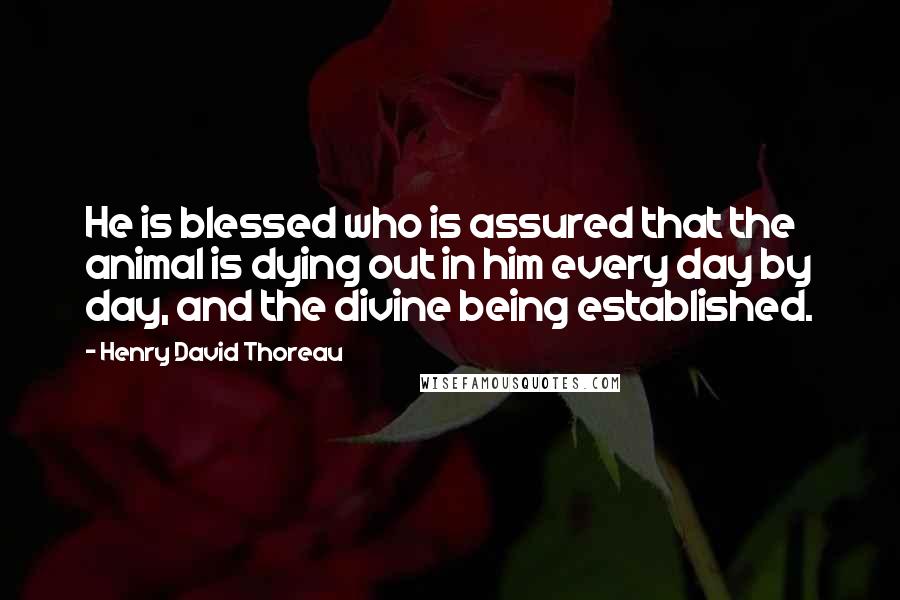 Henry David Thoreau Quotes: He is blessed who is assured that the animal is dying out in him every day by day, and the divine being established.