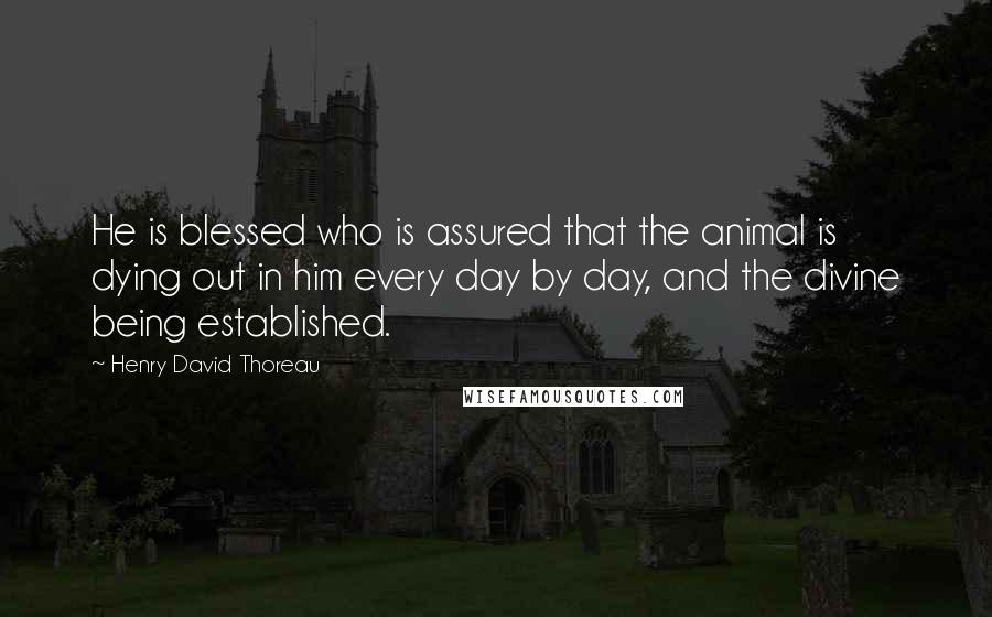 Henry David Thoreau Quotes: He is blessed who is assured that the animal is dying out in him every day by day, and the divine being established.