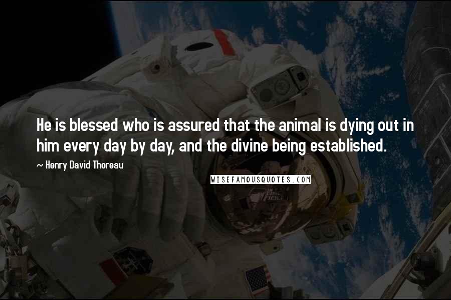 Henry David Thoreau Quotes: He is blessed who is assured that the animal is dying out in him every day by day, and the divine being established.