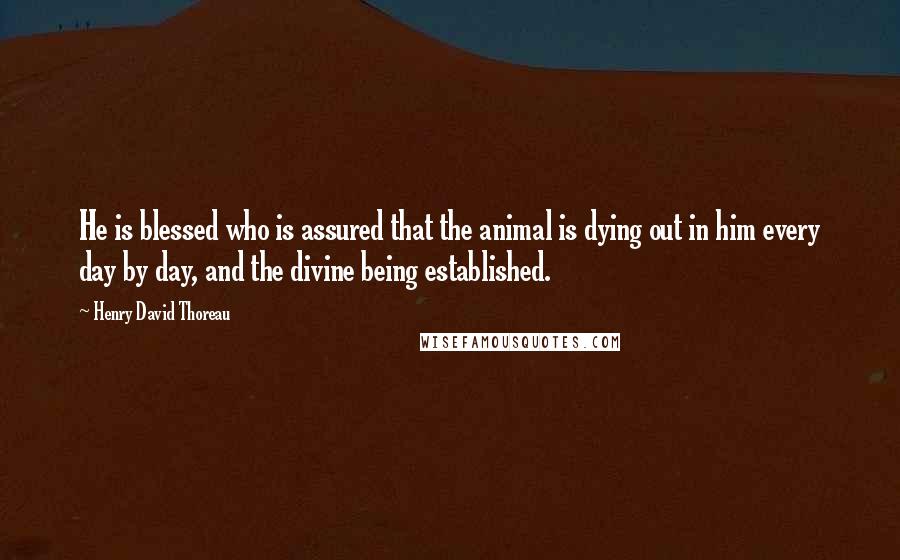 Henry David Thoreau Quotes: He is blessed who is assured that the animal is dying out in him every day by day, and the divine being established.