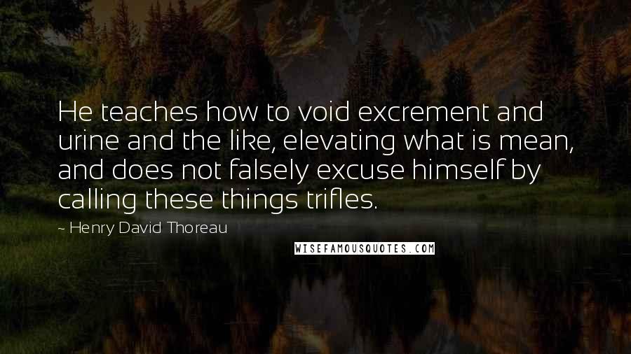 Henry David Thoreau Quotes: He teaches how to void excrement and urine and the like, elevating what is mean, and does not falsely excuse himself by calling these things trifles.