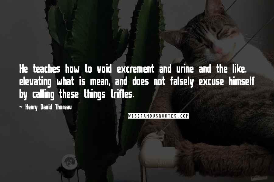 Henry David Thoreau Quotes: He teaches how to void excrement and urine and the like, elevating what is mean, and does not falsely excuse himself by calling these things trifles.