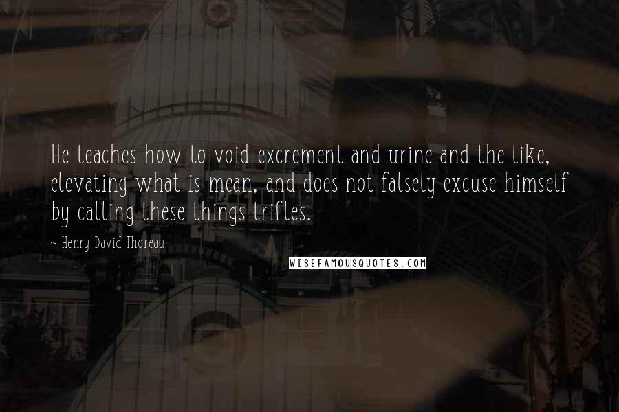 Henry David Thoreau Quotes: He teaches how to void excrement and urine and the like, elevating what is mean, and does not falsely excuse himself by calling these things trifles.