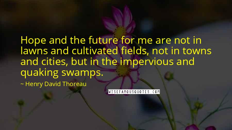 Henry David Thoreau Quotes: Hope and the future for me are not in lawns and cultivated fields, not in towns and cities, but in the impervious and quaking swamps.