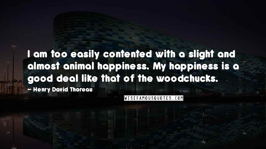 Henry David Thoreau Quotes: I am too easily contented with a slight and almost animal happiness. My happiness is a good deal like that of the woodchucks.