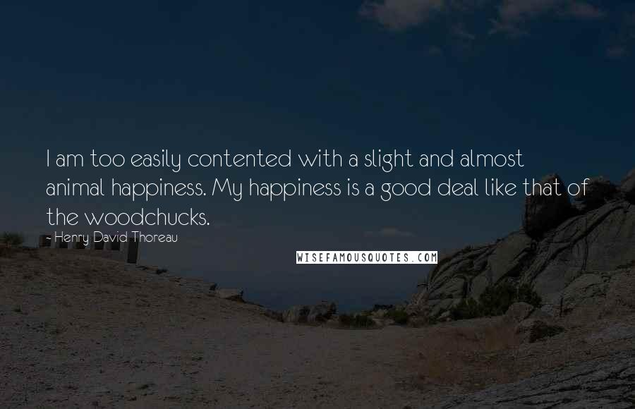 Henry David Thoreau Quotes: I am too easily contented with a slight and almost animal happiness. My happiness is a good deal like that of the woodchucks.