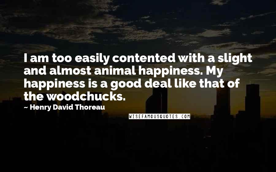 Henry David Thoreau Quotes: I am too easily contented with a slight and almost animal happiness. My happiness is a good deal like that of the woodchucks.