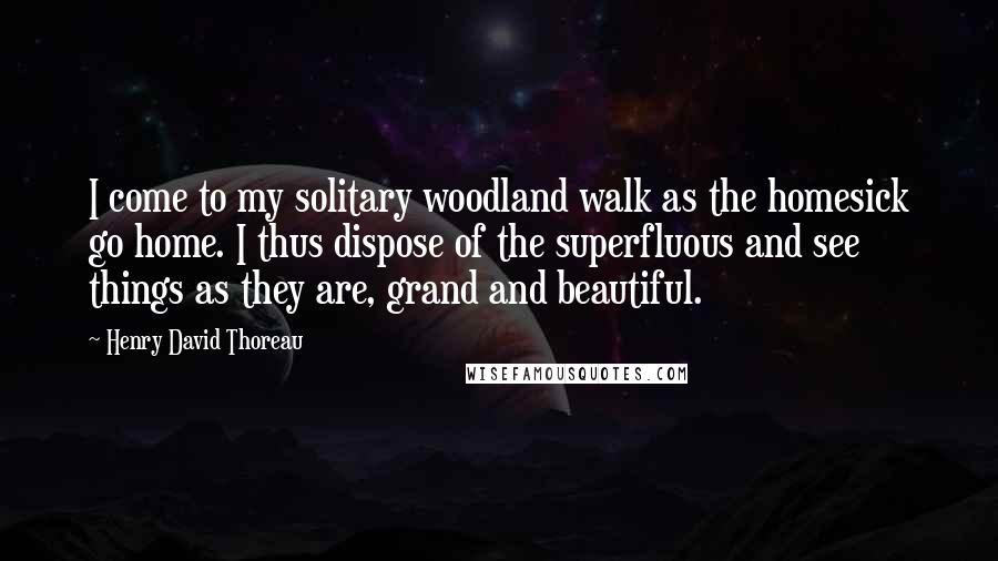Henry David Thoreau Quotes: I come to my solitary woodland walk as the homesick go home. I thus dispose of the superfluous and see things as they are, grand and beautiful.