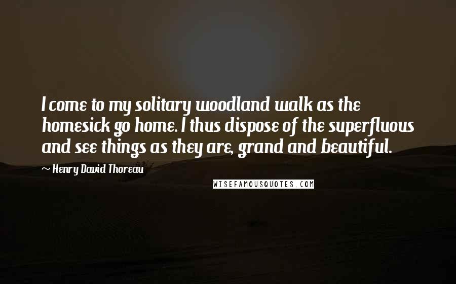 Henry David Thoreau Quotes: I come to my solitary woodland walk as the homesick go home. I thus dispose of the superfluous and see things as they are, grand and beautiful.