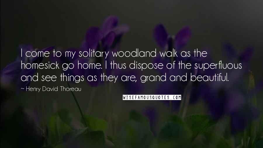Henry David Thoreau Quotes: I come to my solitary woodland walk as the homesick go home. I thus dispose of the superfluous and see things as they are, grand and beautiful.