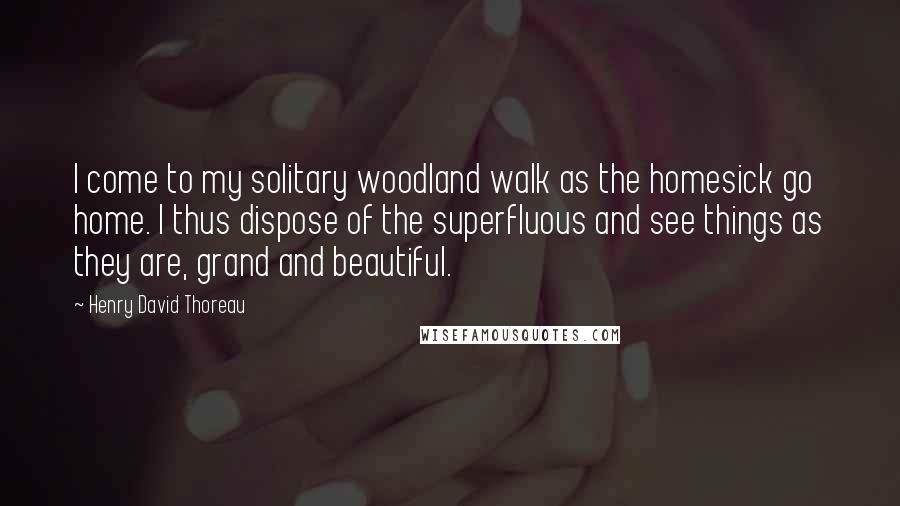 Henry David Thoreau Quotes: I come to my solitary woodland walk as the homesick go home. I thus dispose of the superfluous and see things as they are, grand and beautiful.