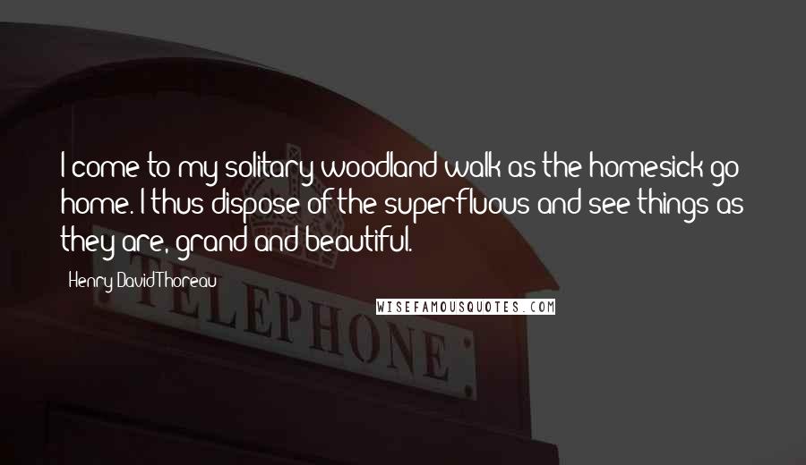 Henry David Thoreau Quotes: I come to my solitary woodland walk as the homesick go home. I thus dispose of the superfluous and see things as they are, grand and beautiful.