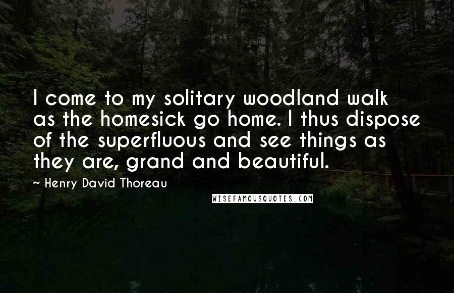 Henry David Thoreau Quotes: I come to my solitary woodland walk as the homesick go home. I thus dispose of the superfluous and see things as they are, grand and beautiful.