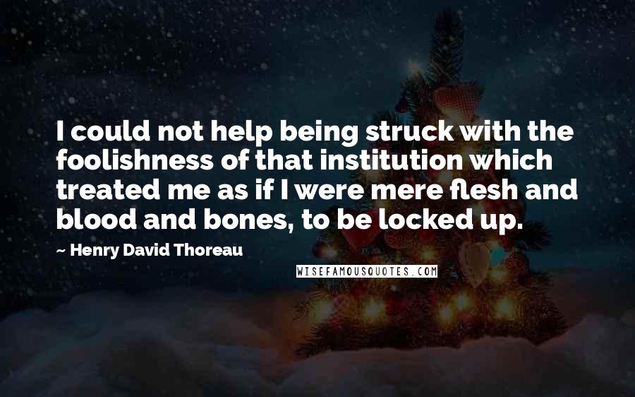 Henry David Thoreau Quotes: I could not help being struck with the foolishness of that institution which treated me as if I were mere flesh and blood and bones, to be locked up.