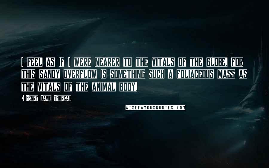 Henry David Thoreau Quotes: I feel as if I were nearer to the vitals of the globe, for this sandy overflow is something such a foliaceous mass as the vitals of the animal body.