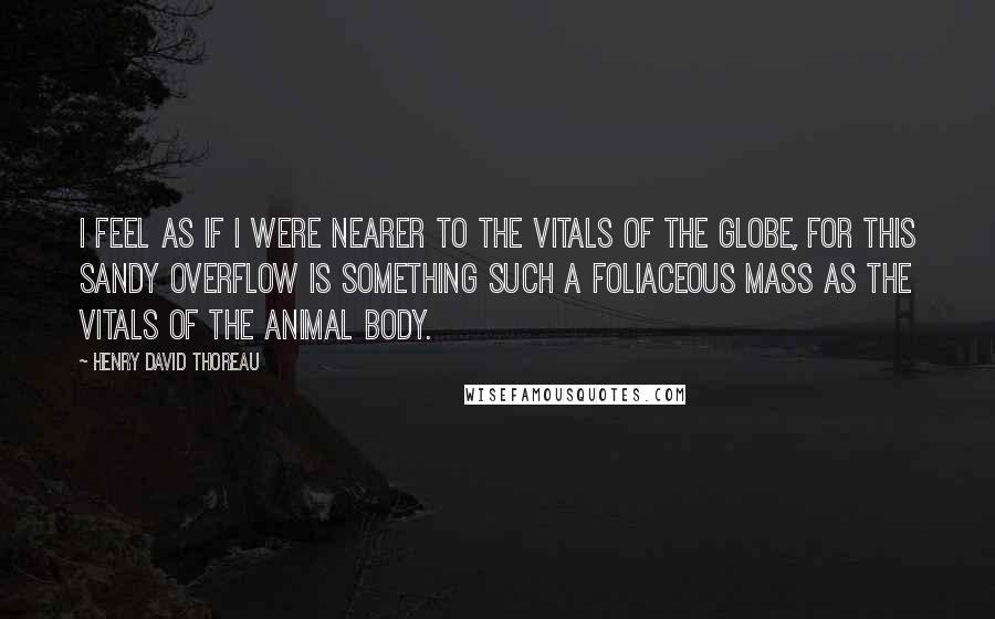 Henry David Thoreau Quotes: I feel as if I were nearer to the vitals of the globe, for this sandy overflow is something such a foliaceous mass as the vitals of the animal body.