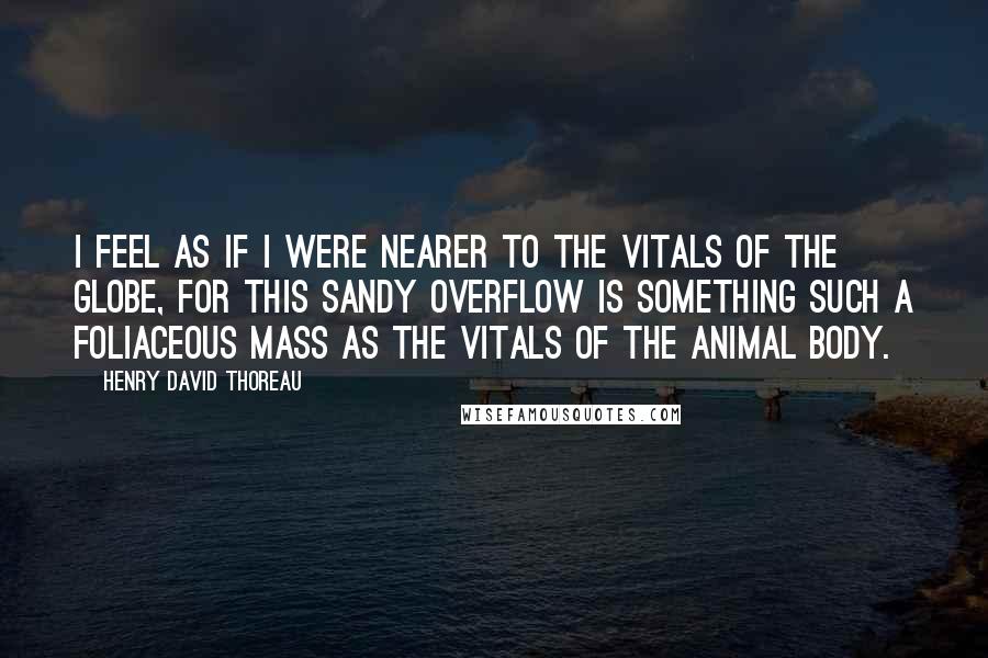 Henry David Thoreau Quotes: I feel as if I were nearer to the vitals of the globe, for this sandy overflow is something such a foliaceous mass as the vitals of the animal body.