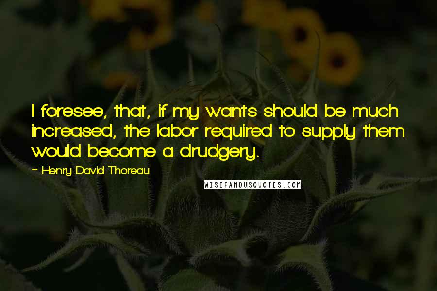 Henry David Thoreau Quotes: I foresee, that, if my wants should be much increased, the labor required to supply them would become a drudgery.