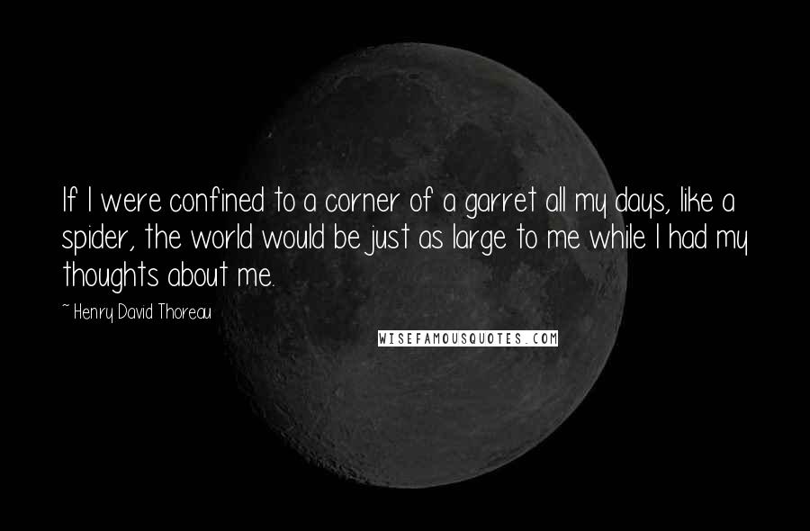 Henry David Thoreau Quotes: If I were confined to a corner of a garret all my days, like a spider, the world would be just as large to me while I had my thoughts about me.
