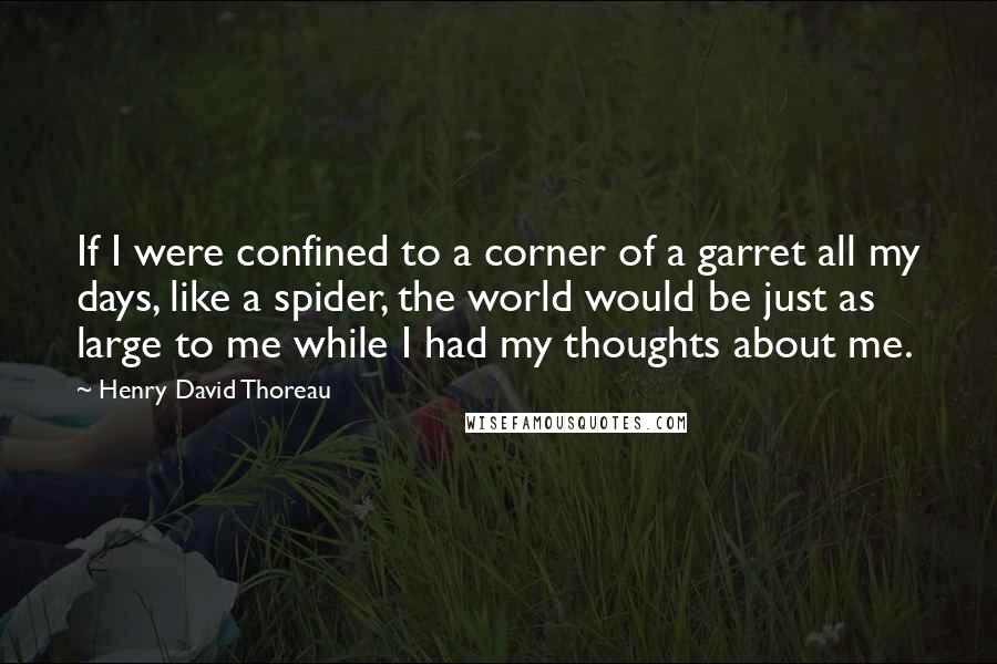 Henry David Thoreau Quotes: If I were confined to a corner of a garret all my days, like a spider, the world would be just as large to me while I had my thoughts about me.