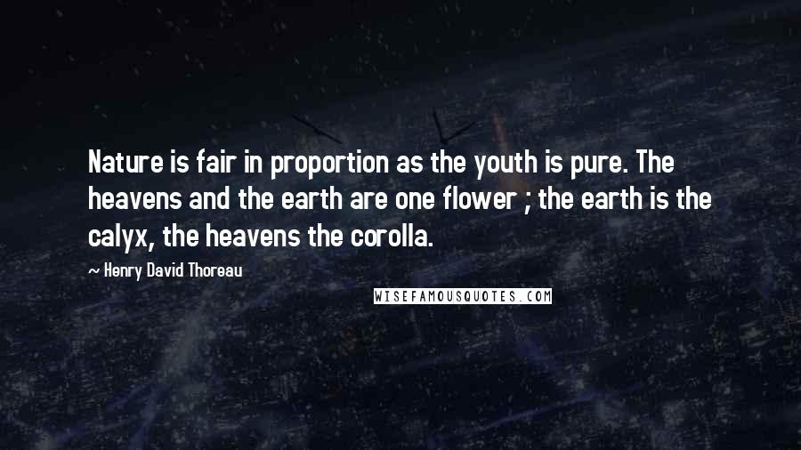 Henry David Thoreau Quotes: Nature is fair in proportion as the youth is pure. The heavens and the earth are one flower ; the earth is the calyx, the heavens the corolla.