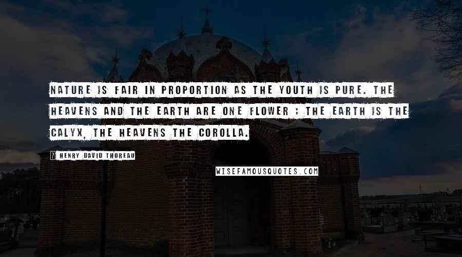Henry David Thoreau Quotes: Nature is fair in proportion as the youth is pure. The heavens and the earth are one flower ; the earth is the calyx, the heavens the corolla.