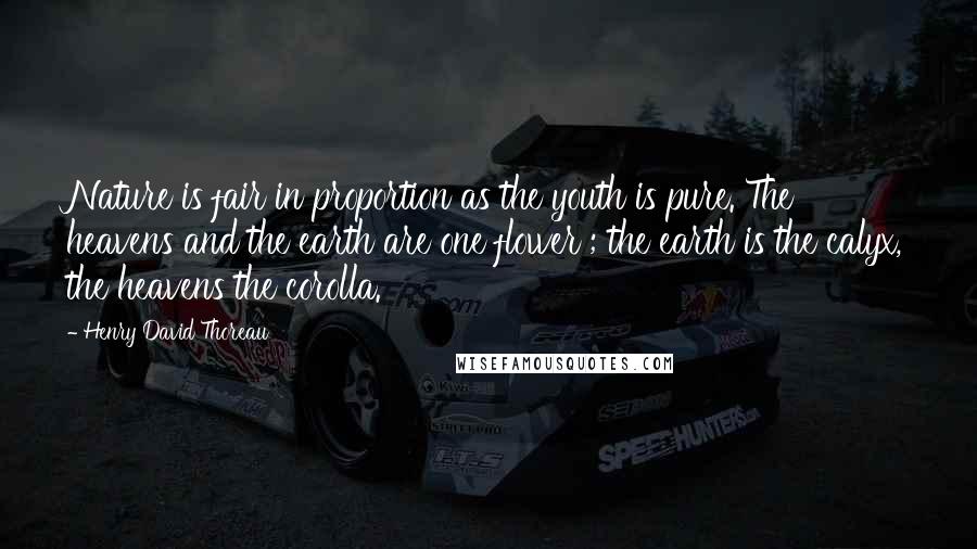 Henry David Thoreau Quotes: Nature is fair in proportion as the youth is pure. The heavens and the earth are one flower ; the earth is the calyx, the heavens the corolla.