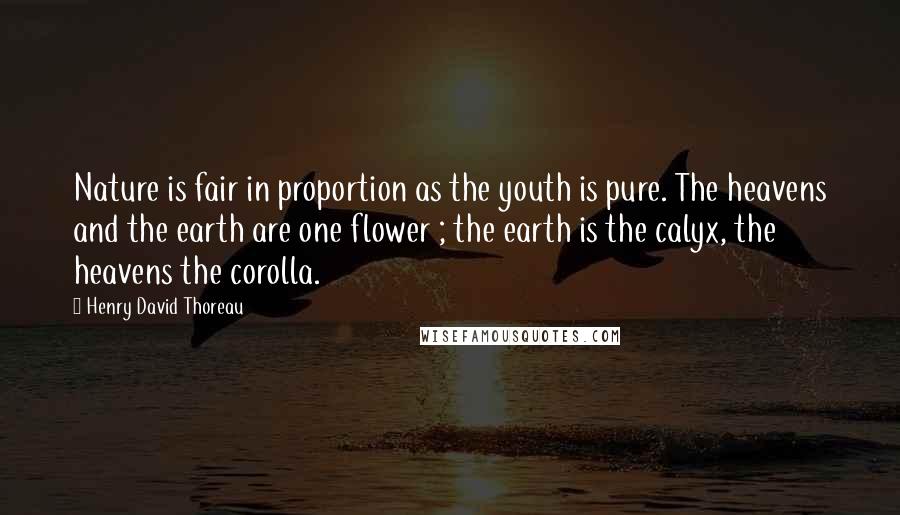 Henry David Thoreau Quotes: Nature is fair in proportion as the youth is pure. The heavens and the earth are one flower ; the earth is the calyx, the heavens the corolla.