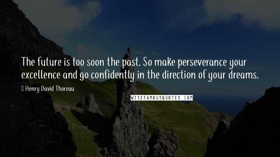 Henry David Thoreau Quotes: The future is too soon the past. So make perseverance your excellence and go confidently in the direction of your dreams.