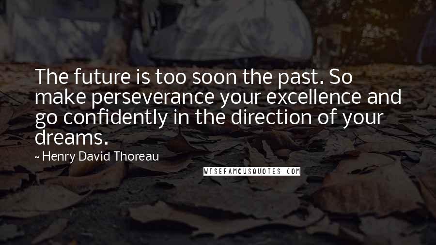 Henry David Thoreau Quotes: The future is too soon the past. So make perseverance your excellence and go confidently in the direction of your dreams.