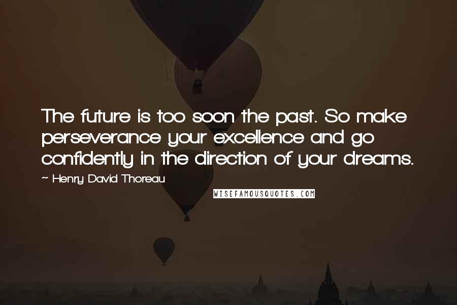 Henry David Thoreau Quotes: The future is too soon the past. So make perseverance your excellence and go confidently in the direction of your dreams.