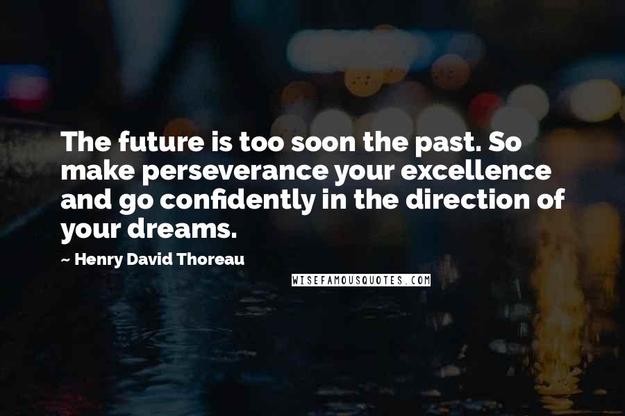 Henry David Thoreau Quotes: The future is too soon the past. So make perseverance your excellence and go confidently in the direction of your dreams.