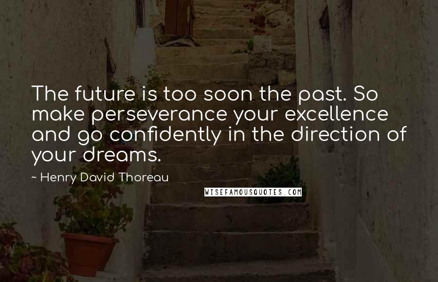 Henry David Thoreau Quotes: The future is too soon the past. So make perseverance your excellence and go confidently in the direction of your dreams.