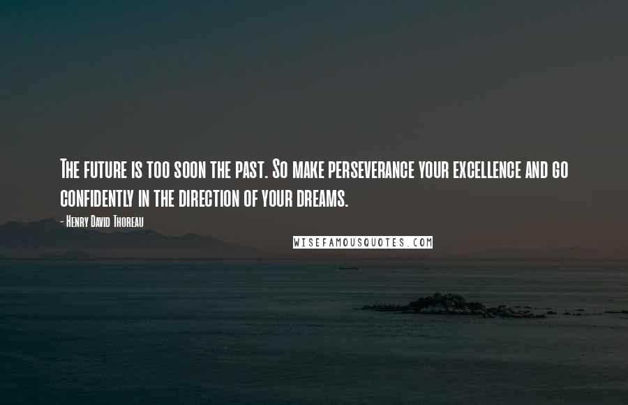 Henry David Thoreau Quotes: The future is too soon the past. So make perseverance your excellence and go confidently in the direction of your dreams.