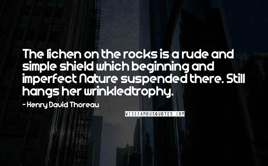 Henry David Thoreau Quotes: The lichen on the rocks is a rude and simple shield which beginning and imperfect Nature suspended there. Still hangs her wrinkledtrophy.