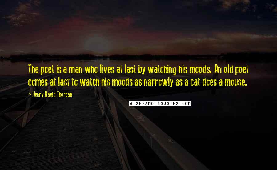 Henry David Thoreau Quotes: The poet is a man who lives at last by watching his moods. An old poet comes at last to watch his moods as narrowly as a cat does a mouse.