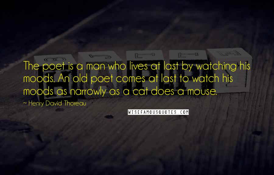 Henry David Thoreau Quotes: The poet is a man who lives at last by watching his moods. An old poet comes at last to watch his moods as narrowly as a cat does a mouse.