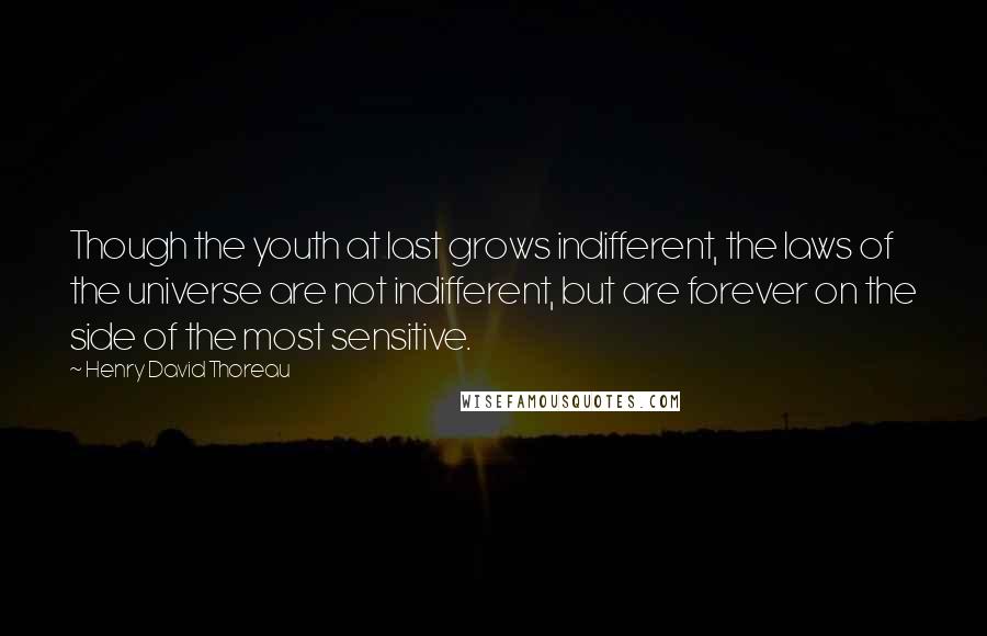 Henry David Thoreau Quotes: Though the youth at last grows indifferent, the laws of the universe are not indifferent, but are forever on the side of the most sensitive.