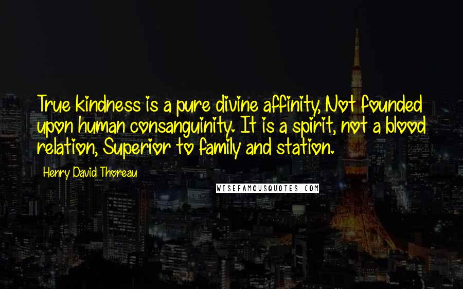 Henry David Thoreau Quotes: True kindness is a pure divine affinity, Not founded upon human consanguinity. It is a spirit, not a blood relation, Superior to family and station.