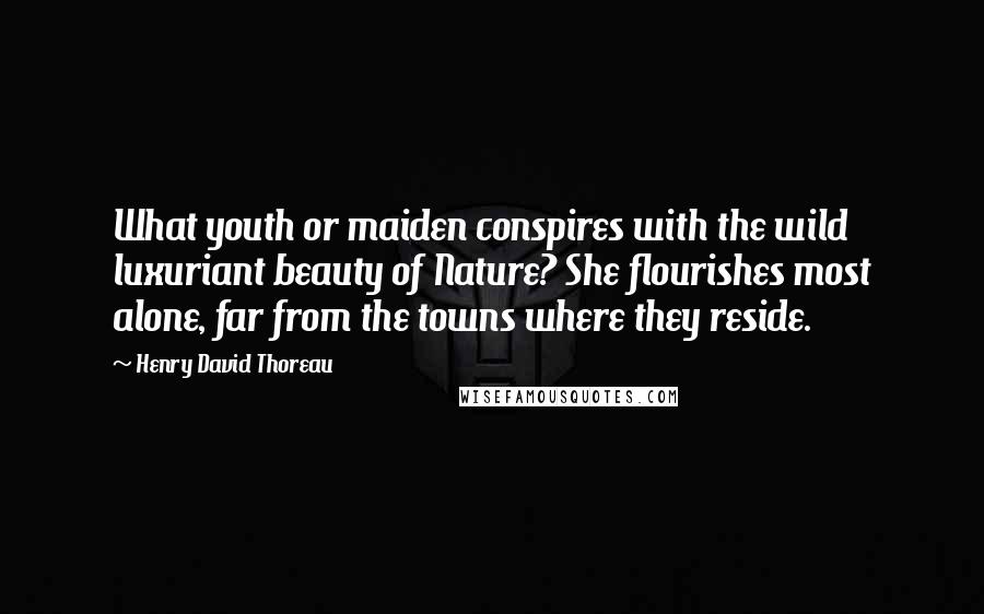 Henry David Thoreau Quotes: What youth or maiden conspires with the wild luxuriant beauty of Nature? She flourishes most alone, far from the towns where they reside.