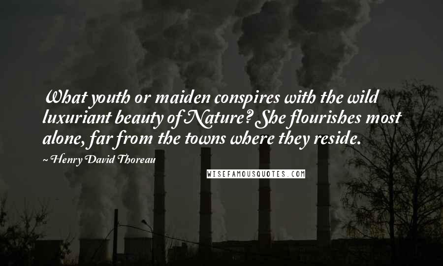 Henry David Thoreau Quotes: What youth or maiden conspires with the wild luxuriant beauty of Nature? She flourishes most alone, far from the towns where they reside.