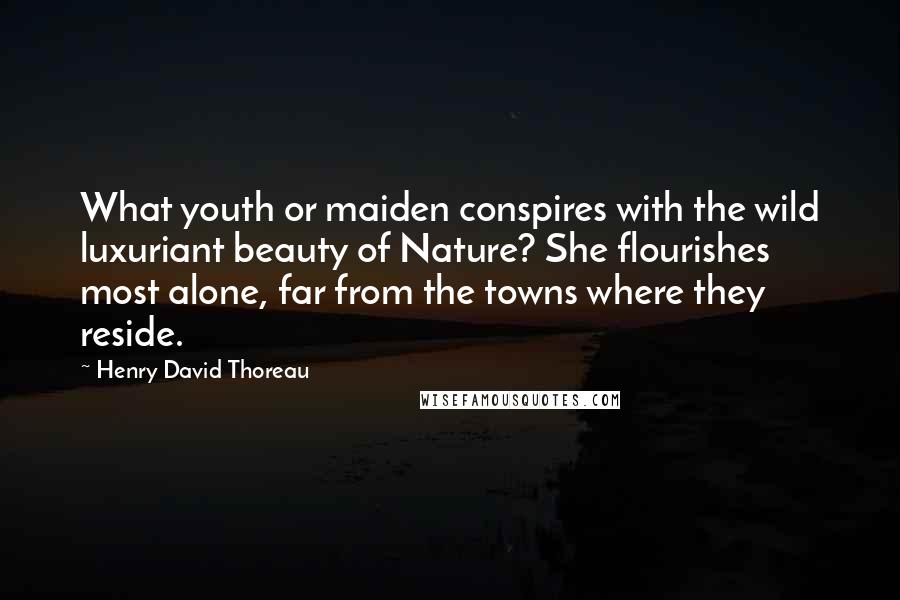 Henry David Thoreau Quotes: What youth or maiden conspires with the wild luxuriant beauty of Nature? She flourishes most alone, far from the towns where they reside.