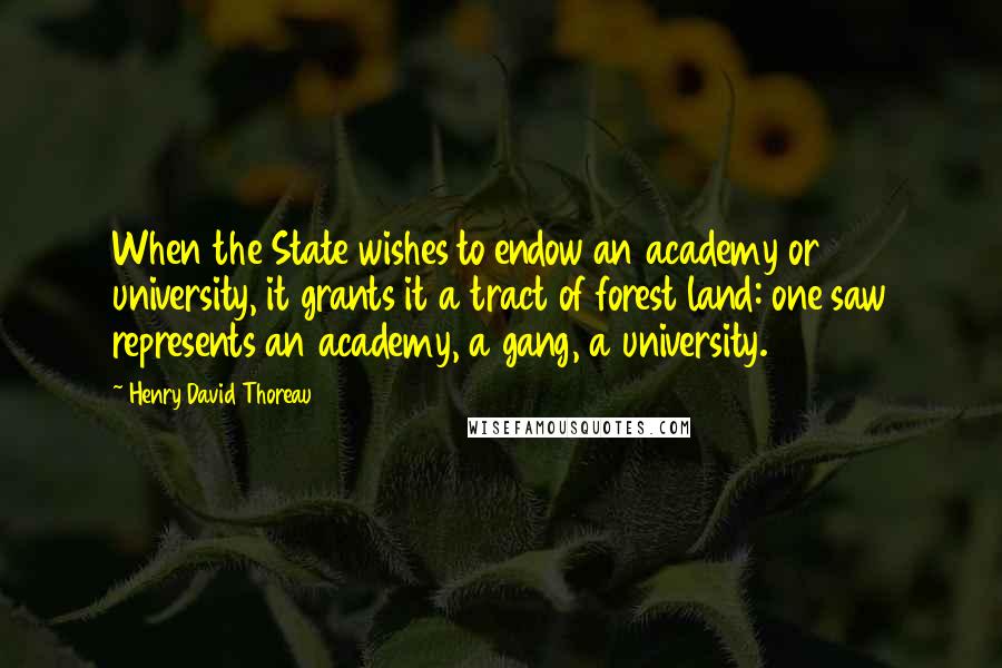 Henry David Thoreau Quotes: When the State wishes to endow an academy or university, it grants it a tract of forest land: one saw represents an academy, a gang, a university.