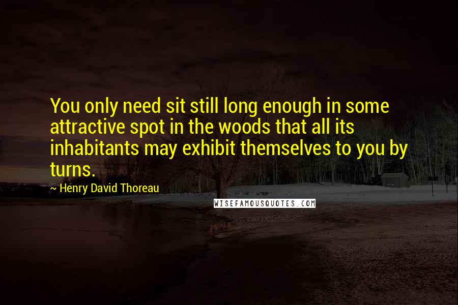 Henry David Thoreau Quotes: You only need sit still long enough in some attractive spot in the woods that all its inhabitants may exhibit themselves to you by turns.