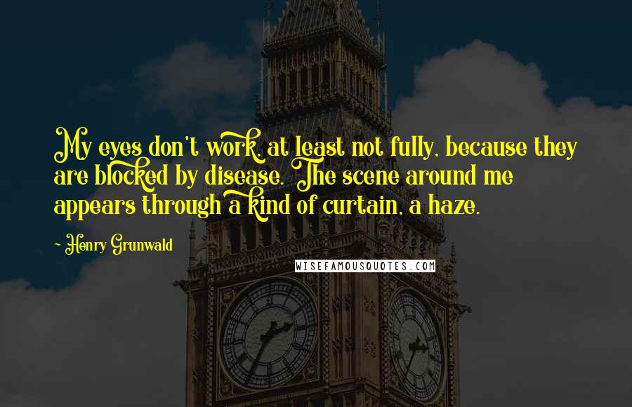 Henry Grunwald Quotes: My eyes don't work, at least not fully, because they are blocked by disease. The scene around me appears through a kind of curtain, a haze.