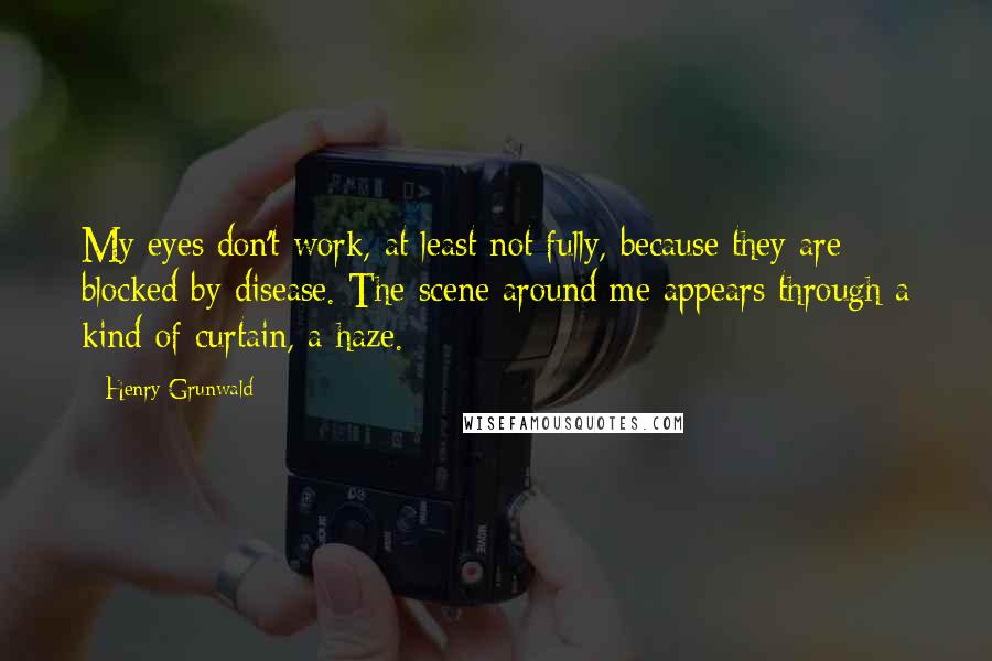 Henry Grunwald Quotes: My eyes don't work, at least not fully, because they are blocked by disease. The scene around me appears through a kind of curtain, a haze.