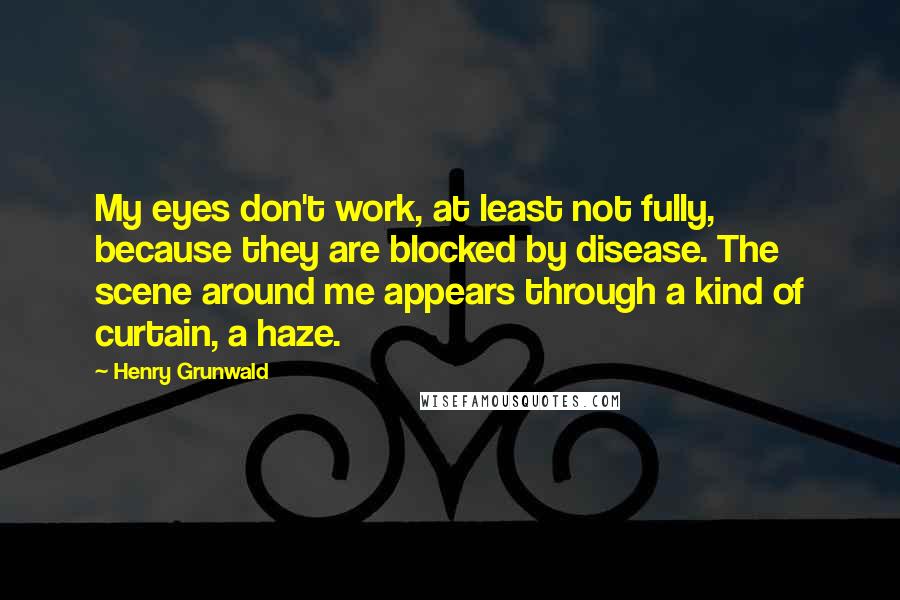 Henry Grunwald Quotes: My eyes don't work, at least not fully, because they are blocked by disease. The scene around me appears through a kind of curtain, a haze.