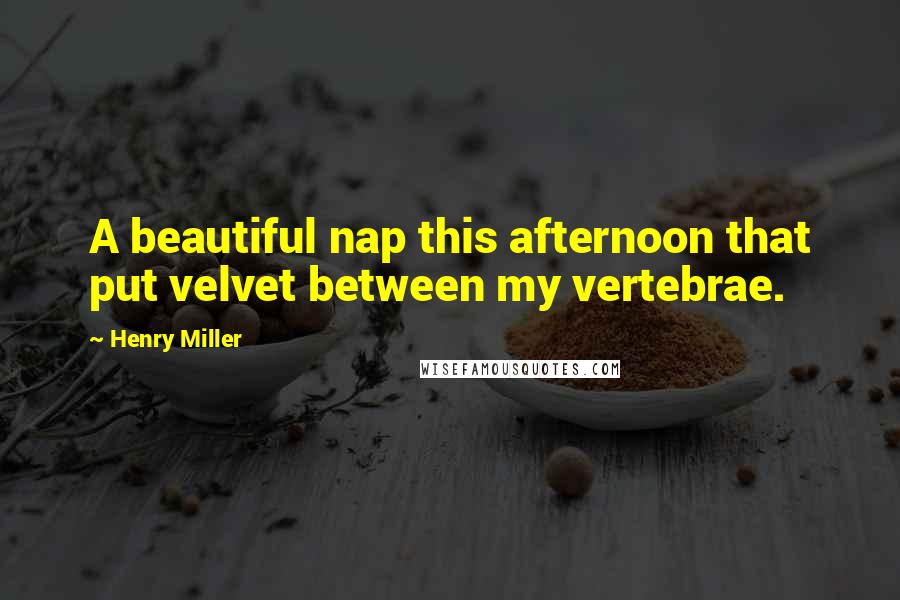 Henry Miller Quotes: A beautiful nap this afternoon that put velvet between my vertebrae.