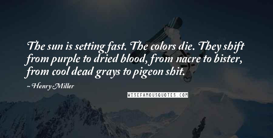 Henry Miller Quotes: The sun is setting fast. The colors die. They shift from purple to dried blood, from nacre to bister, from cool dead grays to pigeon shit.