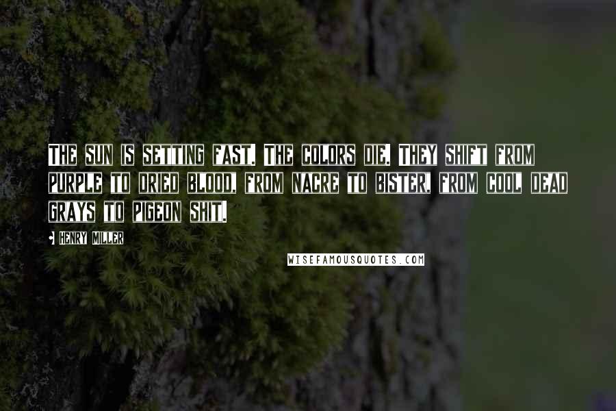 Henry Miller Quotes: The sun is setting fast. The colors die. They shift from purple to dried blood, from nacre to bister, from cool dead grays to pigeon shit.